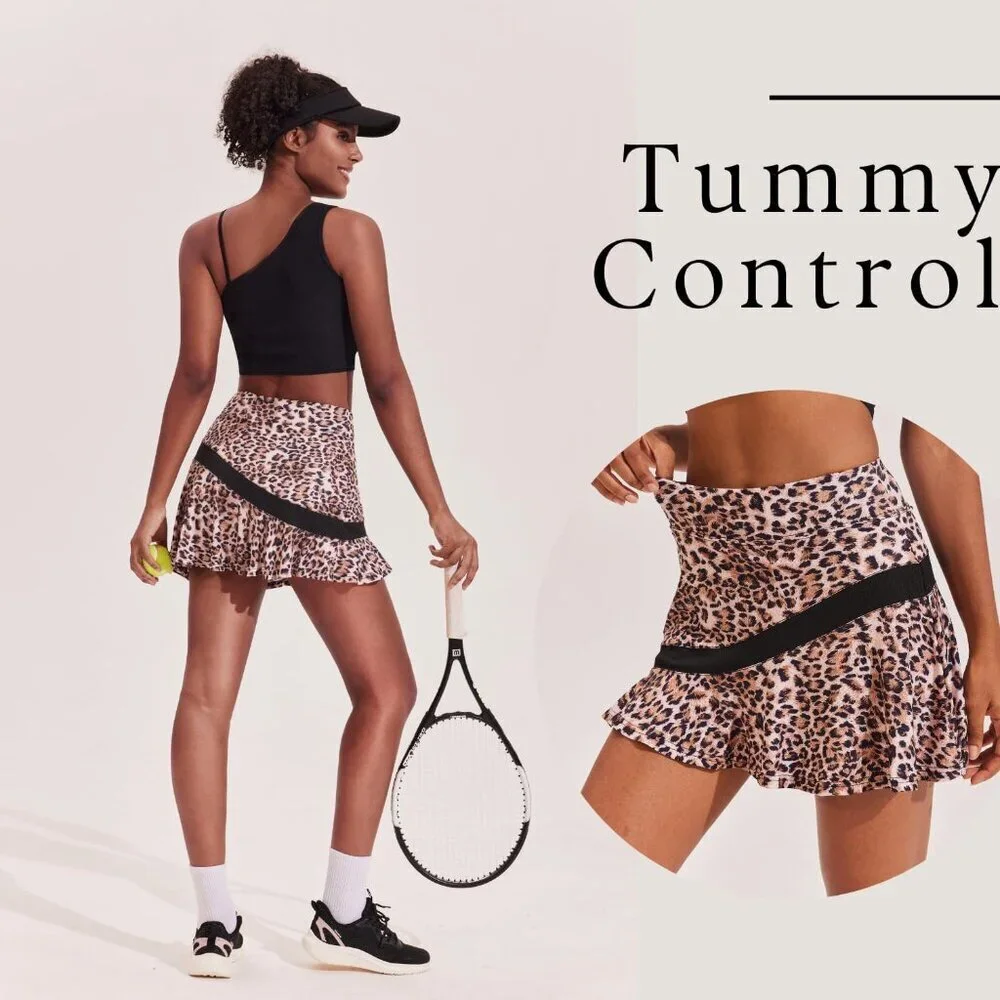 Women's Leopard Pleated Athletic Skort Anti-slip Strip High Waited Casual Skirts